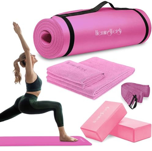 HemingWeigh Ensemble de tapis de yoga rose, kit de yoga, 1,27 cm d'épaisseur, style rose avec accessoires roses
