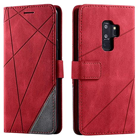 SONWO Hülle für Samsung Galaxy S9 Plus, Premium Leder PU Handyhülle Flip Case Wallet Silikon Bumper Schutzhülle Klapphülle für Galaxy S9 Plus, Rot