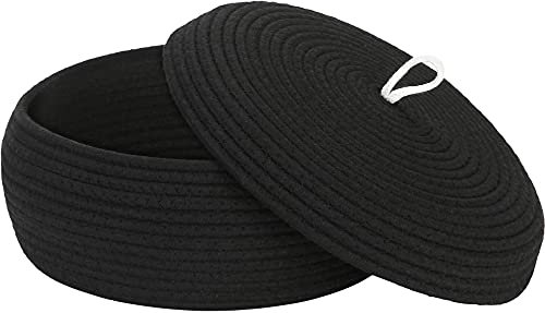 Sea Team Eleganter runder Baumwollseil-Aufbewahrungskorb mit Deckel - Multifunktionaler Organizer für Snacks, Handtücher uvm. - Ideal für Ihr Zuhause, 13 x 5.5 Zoll (Groß,Flach,Schwarz)