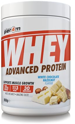 Per4m Whey Protein, Molkenprotein mit vollem Aminosäureprofil, unterstützt Muskelaufbau & Regeneration, reich an essentiellen Aminosäuren, für Sportler post-workout – Weiße-Schokolade-Haselnuss – 900g