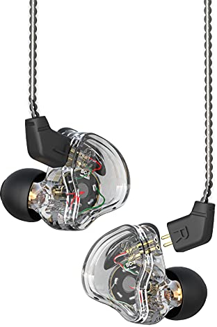 EZ EAR CCZ Melody - Auricolari cablati IEM con auricolari per monitor, doppio driver ibrido 1BA+1DD HiFi auricolari, cavo staccabile per smartphone/PC/tablet (con microfono nero trasparente)