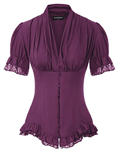 SCARLET DARKNESS Women's Shirt Tops Gothic Short Puff Sleeve V-Neck Slim Fit with Lace Vintage Victorian Blouse