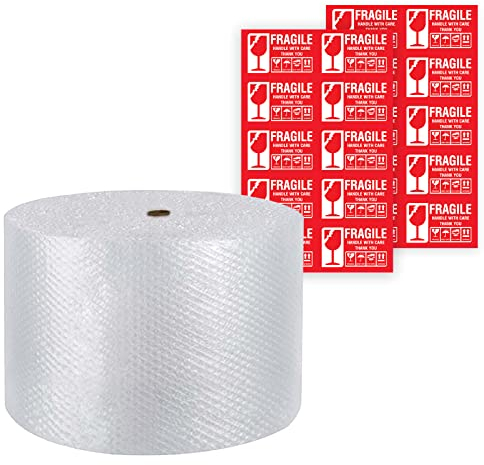 Luftpolsterfolie für Luftpolster, 300 mm x 100 m, mit 20 zerbrechlichen Aufklebern, Karten zum Verpacken, Umzügen, Luftblasen-Polsterung