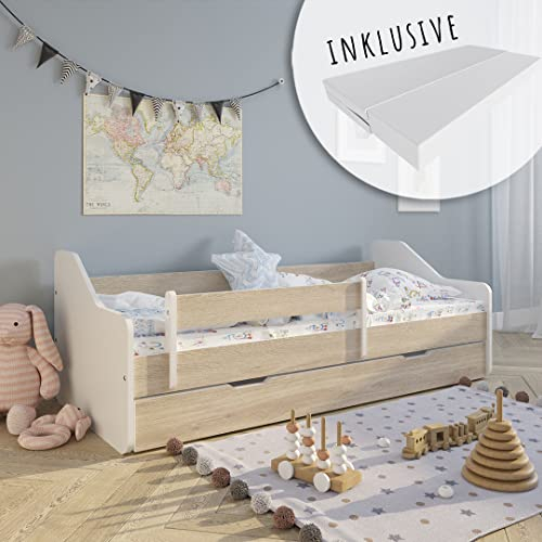Kids Collective Kinderbett 80x160 cm mit Matratze, Rausfallschutz, Lattenrost & Schublade in Natur 160x80 Mädchen Jungen Bett Skandi