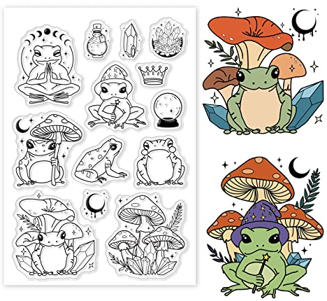 GLOBLELAND Transparente Frosch-Stempel für DIY Scrapbooking Dekoration Pilz Mond Wahrsagung Kugel Krone transparente Silikonstempel für die Herstellung von Karten Fotoalbum Dekor
