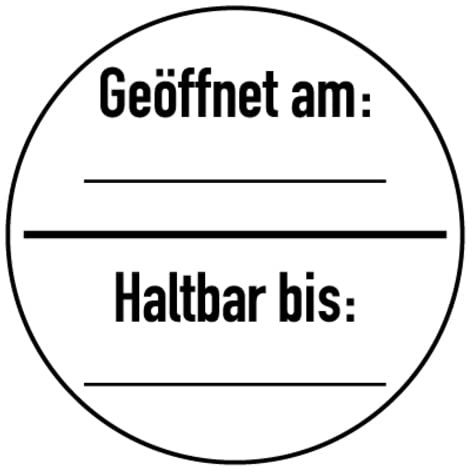 100 Stück – Prüfplakette beschriftbar „Geöffnet am | Haltbar bis“ Etikett Folie Aufkleber, s/w | Ø15-40mm Made in Germany, Größe: Ø30 mm