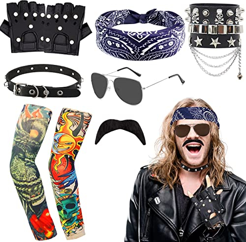 10 Stück Rock Kostüm Zubehör, 70er/80er/90er Punk Gothic Rocker Kit mit Bandana Tattoo Ärmel Handschuhe Armband Brille Schnurrbart Halsband Ringe für Herren Damen Party