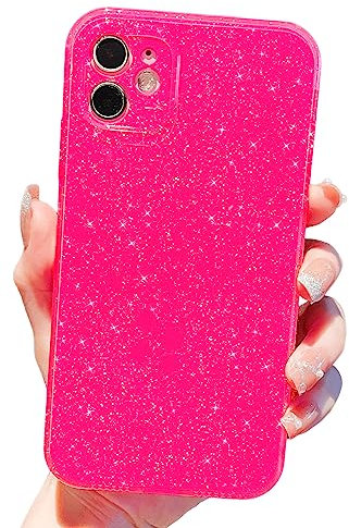 Finyosee Compatible with iPhone 11 Case 6.1 inch, Cute Neon Bright Color,Glitter Bling Thin Slim Shockproof Silicone Sparkly Case, Soft TPU Phone Case for Women Girl-Hot Pink
