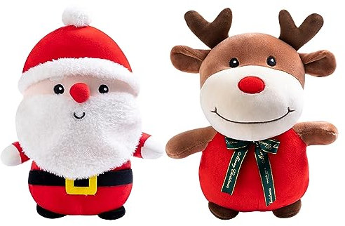 XineYuor 2PCS Weihnachten Plüschtier,Weihnachten Dekoration Stofftiere Weihnachtsmann Elch Kuscheltier Weihnachtsmann Puppe Ornamente Weihnachten Rentier Plüschpuppe für Jungen Mädchen