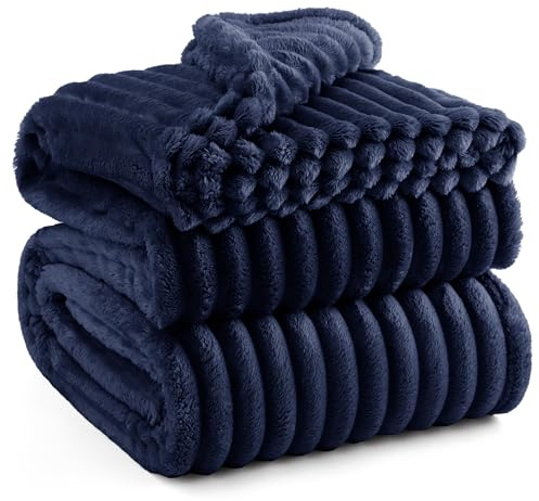 Bedsure Fluffy Fleece Blanket for Bed - Soft Cosy Throw, Navy, 220x240 cm