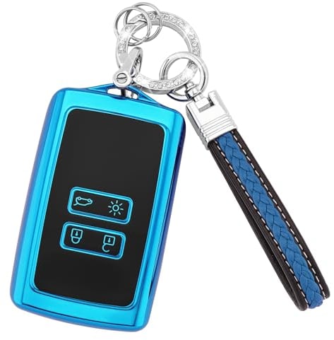 Koaudb Car Key Cover Case Compatible with Clio Megane Koleos Kadjar Talisman Captur Espace Dacia Duster 4 Buttons Smart Car Key Card Case with Keychian Lanyard(CL-Rnl-E)