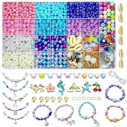YHBXAMZ 900+ Pcs Meerjungfrau Perlen Zum Auffädeln Set, Armbänder Selber Machen Kinder Geschenke Für Mädchen, Schmuck Basteln Perlen, Ketten Selber Machen Ab 6 Jahre