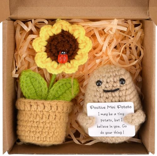 Positive Emotional Support Potato Sunflower Pot, I Love You Gifts for Her Him, Cute Stuff Good Luck Funny Gifts for Women Men, Cheer Up Crochet Sunflower Gifts