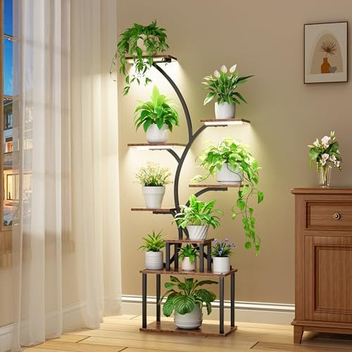 POZILAN Blumenständer pflanzenständer mit wachstumslicht - 158 cm 8 Etagen Pflanzenregal Blumenregal Metall Schwarz, Blumentreppe Pflanzentreppe Blumenbank für Mehrere Pflanzen, Plant Stand Shelf