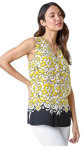 Roman Sleeveless Shirt for Women UK Ladies Blouse Top Button Through Summer Smart Casual Work Cocktail Party Office Holiday Special Occassion Evening Going Out - Yellow - Size 10