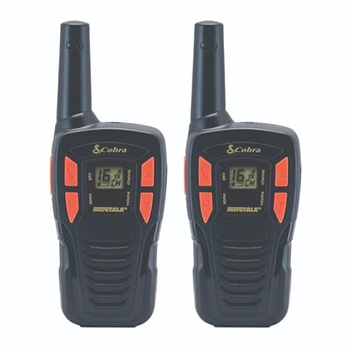 Cobra AM255 - Talkie-Walkies leggeri IPX2 (confezione da 2), portata di 5 km, 16 canali, funzione di risparmio energetico, walkie-talkie ricaricabili, nero