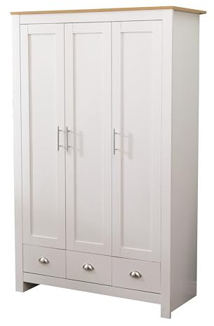 Kingwudo® White or Grey Bedroom Wardrobes with 3 Doors 3 Drawers and Hanging Rail Clothes Storage Unit for Bedroom Furniture Wooden (White With Oak-colored)