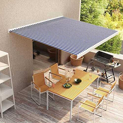 Homgoday Manuelle Kassettenmarkise 350x250cm Blau und Weiß Outdoor Garten Baldachin Markise Sonnenschutz Vorzelt Vordach für Terrasse, Balkon, Hof und Restaurant