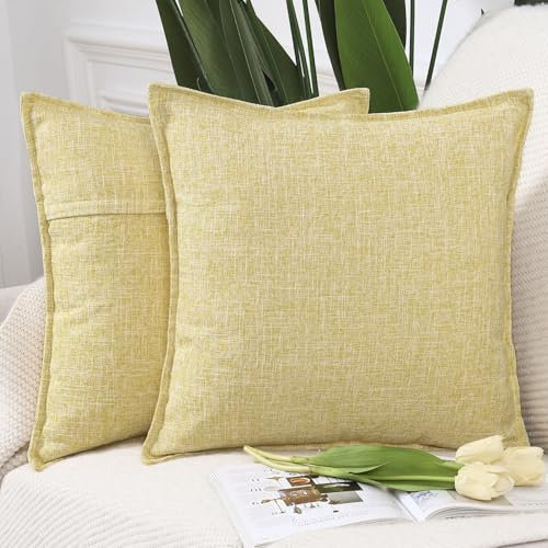 Madizz 2er Set Polyester- Leinen Kissenbezügen Weiche dekorative Kissenbezüge für Sofa Schlafzimmer Kissenhülle Hellgelb 45x45 cm Quadrat