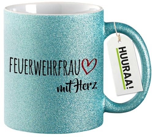 Huuraa Glitzertasse Feuerwehrfrau mit Herz Geschenk 330ml Blau Feuerwehrfrau Präsent