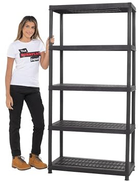 The Workplace Depot Heavy-Duty 5-Tier Plastic Shelving Unit, 65kg Per Shelf, Non-Rusting Black, Tool-Free, Indoor Outdoor Storage for Garage & Workshop (5 Shelf (1840mm))