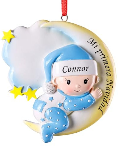 ALBK Adornos de Navidad Personalizados - Mi Primera Navidad Bebé Niña, Regalos Navidad Originales, Bola Navideña con Nombre, Decoracion Navideñas Personalizadas (Niño, Luna)