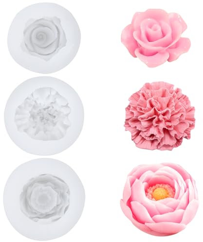 3 Stück Silikonformen Gießformen - Kerzen Formen, Kerzen Silikonformen, Rosen Nelke Pfingstrose Silikonform Kerze Kerzenformen zum Gießen 3D Blumen
