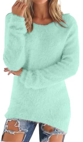 Generisch Pullover Damen Winter Fleece Flauschig Pulli Fleecepullover Lang Weich Langarmshirt Rundhalsausschnitt Warm Sweatshirt Fleecepulli Plüsch Tops Oberteile Oversize Pullover Ohne Kapuze