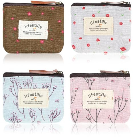 Lot de 4 mini trousses de maquillage en lin à motif floral avec fermeture éclair - Organiseur portable pour pièces de monnaie - Pochette de rangement en tissu pour fille et femme, Blanc, bleu, rose,