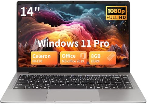 MOREPC Laptop 14,Notebook Portatile Leggero, Celeron N4120, 8GB RAM DDR4,Windows 11 Pro,Include una Pellicola Protettiva per Tastiera in Layout Italiano, Ideale per Studio e Lavoro(8GB+128G SSD)