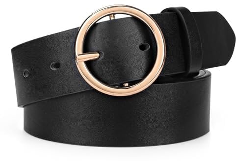 VONMELLI Modischer PU Ledergürtel Damen Jeans Taillengürtel Damen Mit Runder Schnalle für Hosen Schwarz/goldene Schnalle Passform für Taillengröße 63-77cm