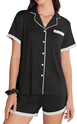 Ekouaer Women's Pyjama Set Short Sleeve Ladies Nightwear Summer PJs Set Button Top and Bottom, Black L