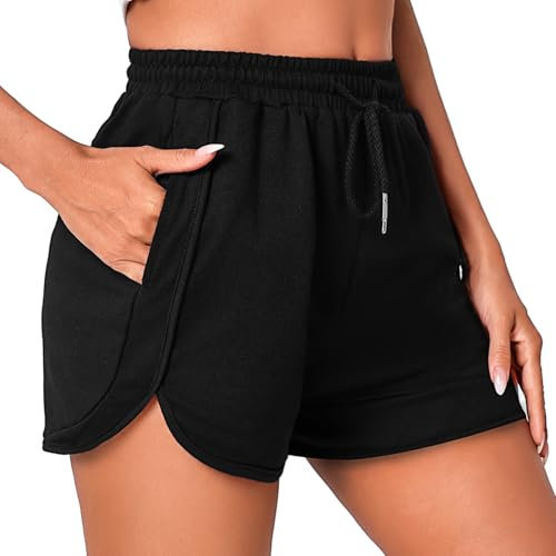 Litherday Shorts Mujer Deporte Verano Pantalón Corto Deportivo Algodón con Bolsillos y Cordón Ajustable para Yoga Correr Negro L