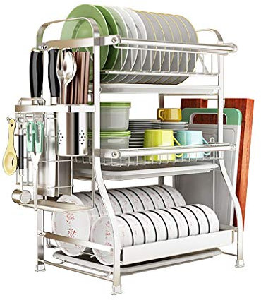 Escurridor de platos de 3 niveles para encimera de cocina, a prueba de óxido, para platos, cuencos, tazas, verduras, frutas, ollas, botellas de especias, escurridor de platos con almacenamiento por
