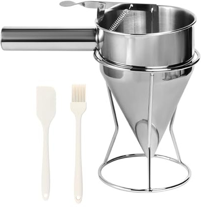Bogoro teigportionierer teigspender 1.4L pancake portionierer trichter edelstahl Edelstahl Teigspender mit Ständer Wird mit Ölpinsel geliefert Schaber für Zuhause Küche Bäckerei Kuchen Desserts