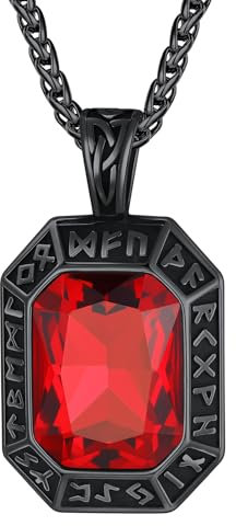 ChainsHouse Männer Halskette Schwarz Kette mit Rune Anhänger für Herren Edelstahl Halskette mit Rubin Edelstein Anhänger Jungen Rune Kette mit Zirkon Kettenanhänger Collier Modeschmuck für Jahrestag