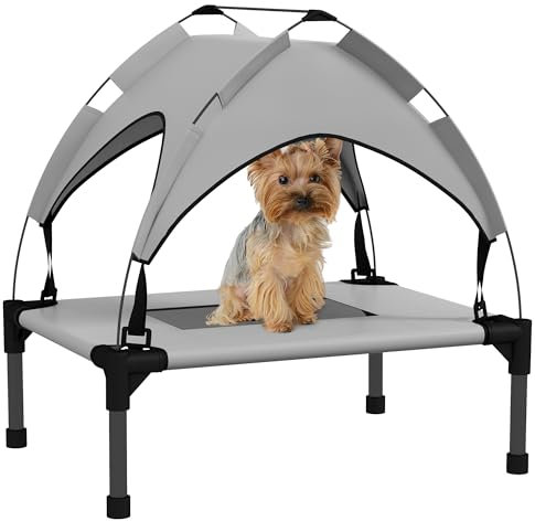 PawHut Erhöhtes Hundebett mit Baldachin, Haustierbett, Outdoor Hundeliege mit Dach, Atmungsaktiv, für Mini- und Kleinhunde Hellgrau Oxford 61 x 46 x 63 cm