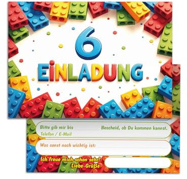 Junaversum 12 Einladungskarten zum 6. Kindergeburtstag Bausteine Kinder Jungen Mädchen coole bunte Einladungen sechste Geburtstag Geburtstagseinladungen Kids