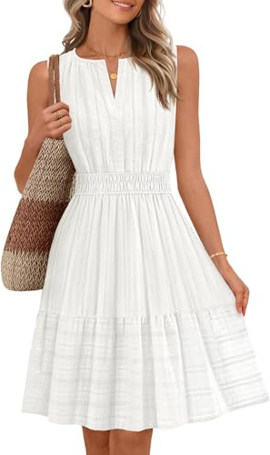 MEROKEETY Women's 2026 Summer Casual Mini Sundress Beach Vacation Sleeveless V Neck Flowy A Line Dress with Pockets, White, Medium