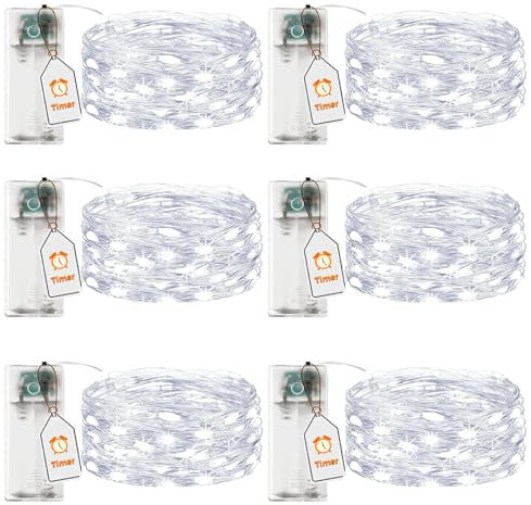 VIKY® 6 Stk LED Lichterkette Batterie mit Timer,2M 20 LED Micro Kupferdraht Lichterkette Innen Batteriebetrieben,Kaltes Weiß lichterkette mit Timer für Hochzeit,Silvester,Weihnachten Innen Dekoration