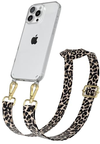 EAZY CASE Handykette - Verstellbares Taschenband kompatibel mit iPhone 16 Pro Max, Schulterriemen, Handykordel mit Silikon Hülle, Umhängetasche, Leo - Schwarz Beige Gold