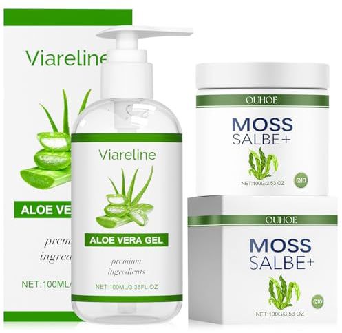 Aloe Vera Gel 100% Pur 100ml + Moossalbe Plus 100G, Aloe Vera Gel Bio für Gesicht Haare Körper, Moossalbe Gesicht Falten Testsieger, Beruhigende Pflegende Feuchtigkeitscreme After Sun,Aktiv Moos Salbe