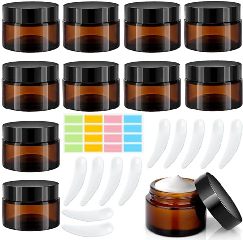 CafullCon 30ml Amber Glass Jars, 11Pack Empty Round Cosmetic Jars with Lids und Inner Liners, Face Cream Storage Containers, Travel Pots with Spatula and Labels for Toiletries, Lotion, Powder, Creams
