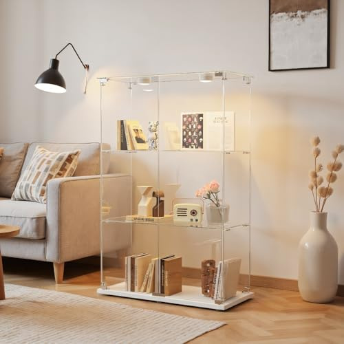 TIMORWTF Vitrine aus Glas mit LED-Leuchten, moderner Schrank mit 3 Regalen und 2 Türen, Wandmontage für Sammlung, Schlafzimmer, Wohnzimmer und Esszimmer, 123x78,5x35 cm, Weiß