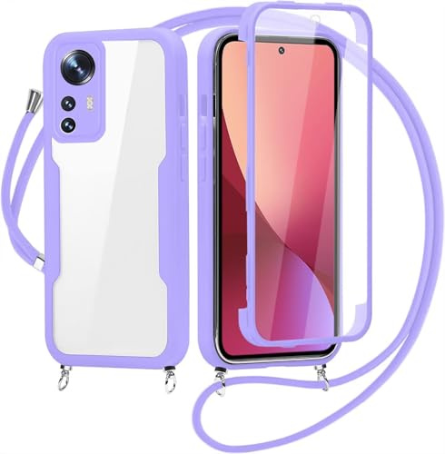 FERLAN Handykette für Xiaomi 12 Pro 5G Hülle mit Band,Transparent 360 Grad Rundumschutz Schutzhülle mit Integriertem Displayschutz Stoßfest Ultradünn Silikon Handyhülle für Xiaomi 12 Pro 5G,Violett