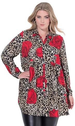 MIAMODA Damen große Größen Übergrößen Plus Size Bluse, A-Linie, Leo/-Rosen-Muster, Langarm 843835