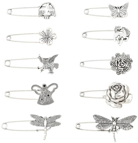 SUNNYCLUE 20 pieza de 10 estilos de Alfileres Plateados para Falda Escocesa, Imperdible Decorativo de Metal con Forma de Animal, Planta, Mariposa, Flor, Libélula, Pájaros, Unicornios, Broche Ajustador