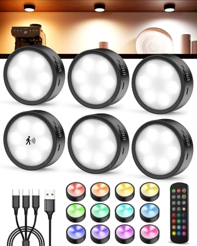 Tedmos 2400mAh LED Spot Akku mit Bewegungsmelder, RGB Vitrinenbeleuchtung | USB Aufladbar, Fernbedienung, Dimmbar, Timer, Zum Kleben, Magnetisch, Kabellos Unterbauleuchte für Treppen, Schrank, Regal