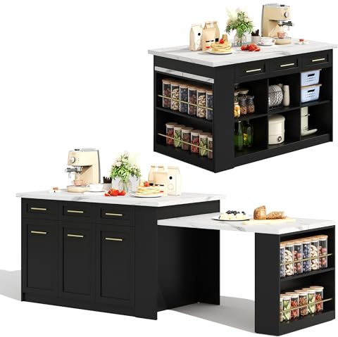 KecDuey Isla de cocina multifuncional con 150 cm+96 cm, mesas de comedor, mesa de comedor extensible blanca, encimera de madera de mármol/mesa, armarios de almacenamiento integrados, para cocinas