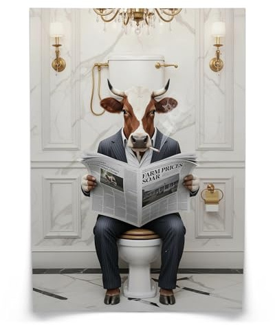 Muralo Poster Kuh mit Zeitung, ohne Rahmen, UV-beständig - 30x40 cm | Bilder, glatte und seidige Oberfläche, fotografische Druckqualität - ideal für Badezimmer und WC